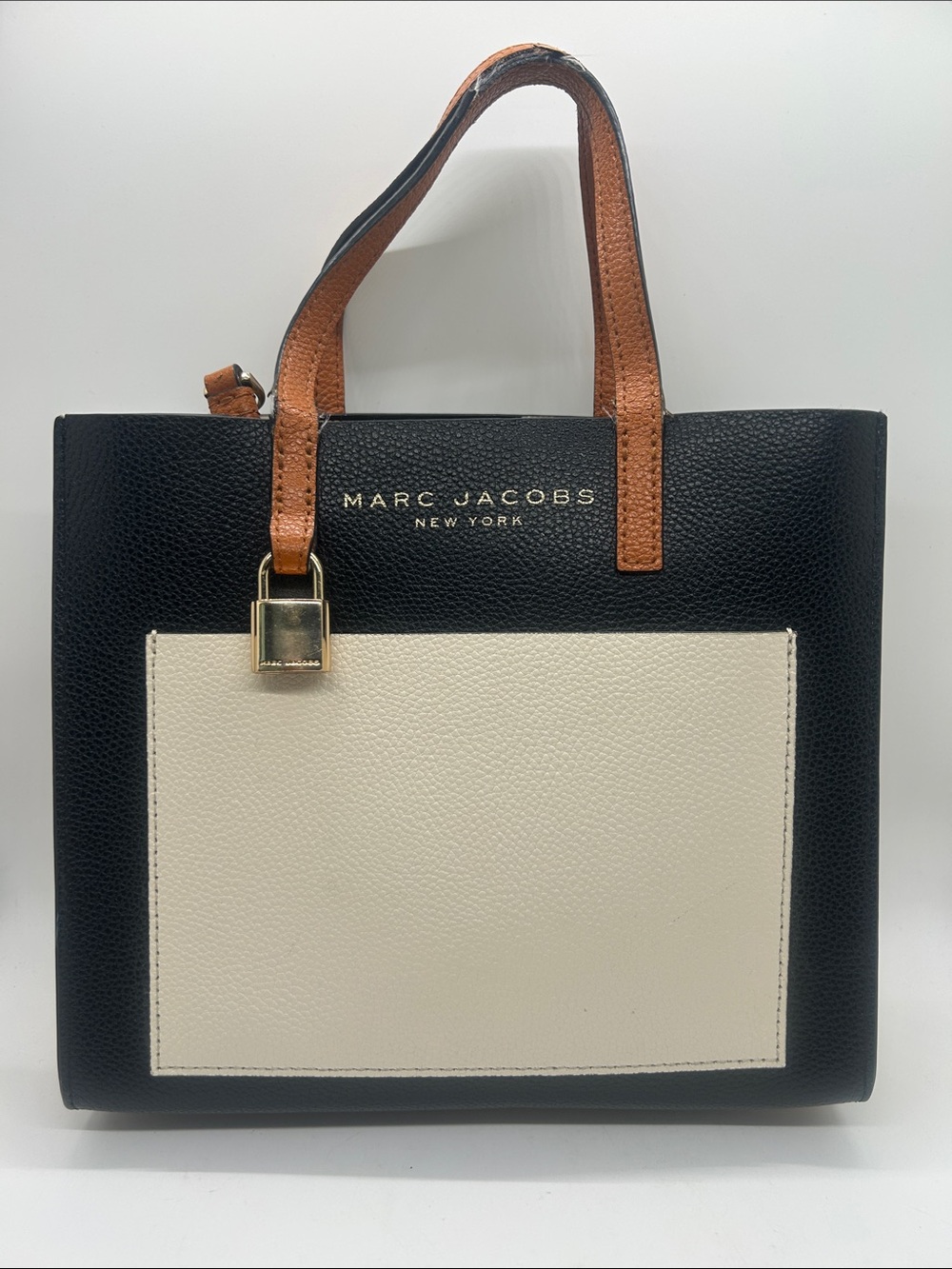 Marc Jacobs Black/Cream & Tan Colorblock Leather Small Tote Bag Purse 🌺🌺